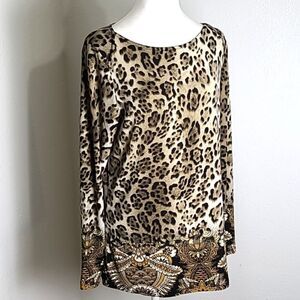 Susan Graver Leopard Print Top, Hemline in Black White, Gold Print, Size Small